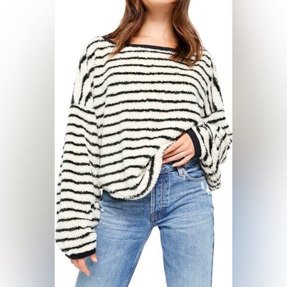 Free People Breton Striped Pullover cropped fuzzy long sleeve sweater - Picture 1 of 7